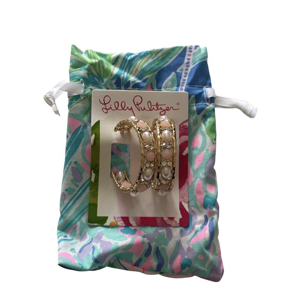 Lilly Pulitzer Via Parigi Hoop Earrings ConchShell Pink-Rhinestone Pearl New